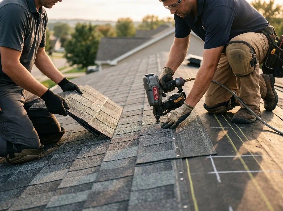 Professional roofer working on a residential roof in Leonardtown